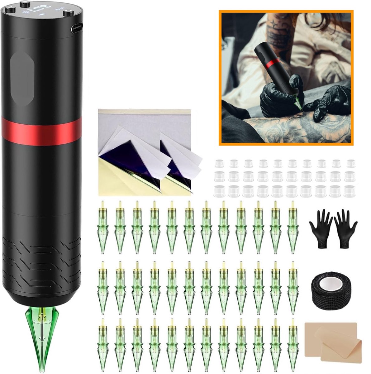 Complete Draadloze Tattoo Set | OLED Display + 40 Cartridges