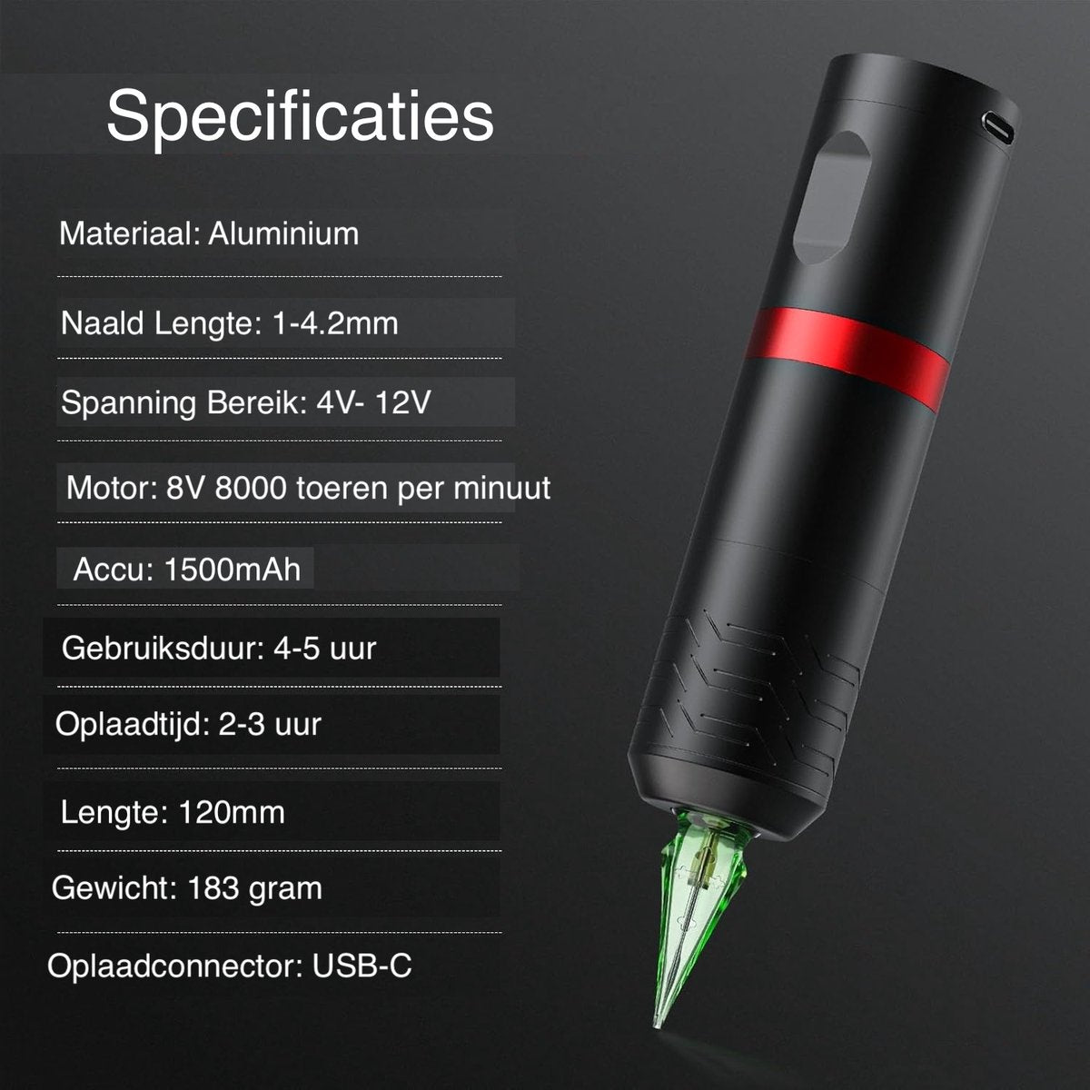 Complete Draadloze Tattoo Set | OLED Display + 40 Cartridges