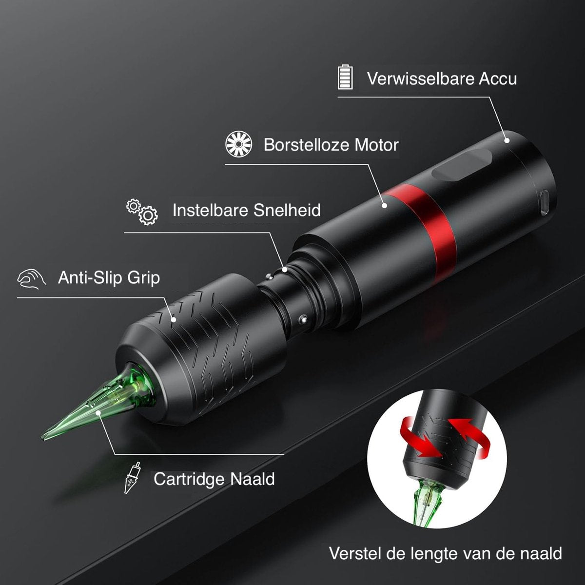 Complete Draadloze Tattoo Set | OLED Display + 40 Cartridges